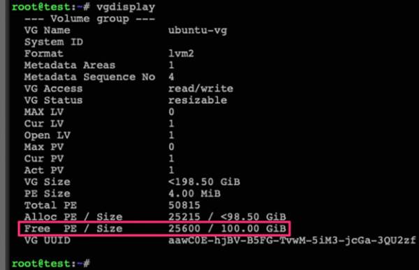 Ubuntu LVM: check vg space vgdisplay